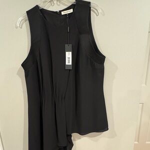 Halston Tunic Blouse Black Sleeveless Zip Back Asymmetric Pleat Top